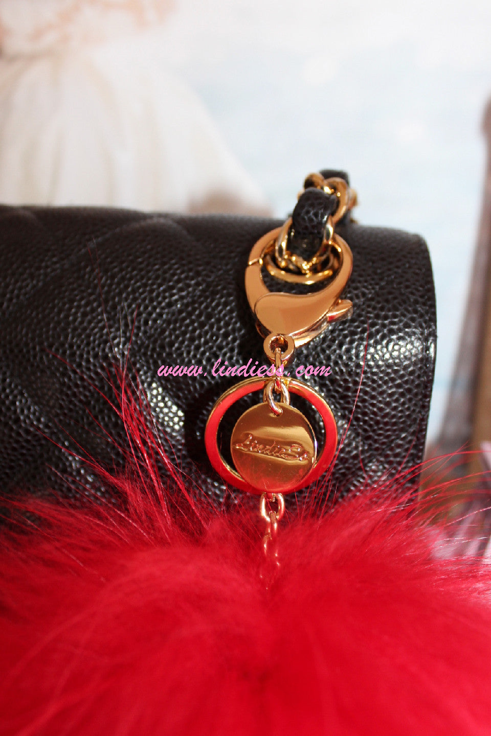 LindieSs Fluffy Fox Monster Pom Pom Red with Black Ends