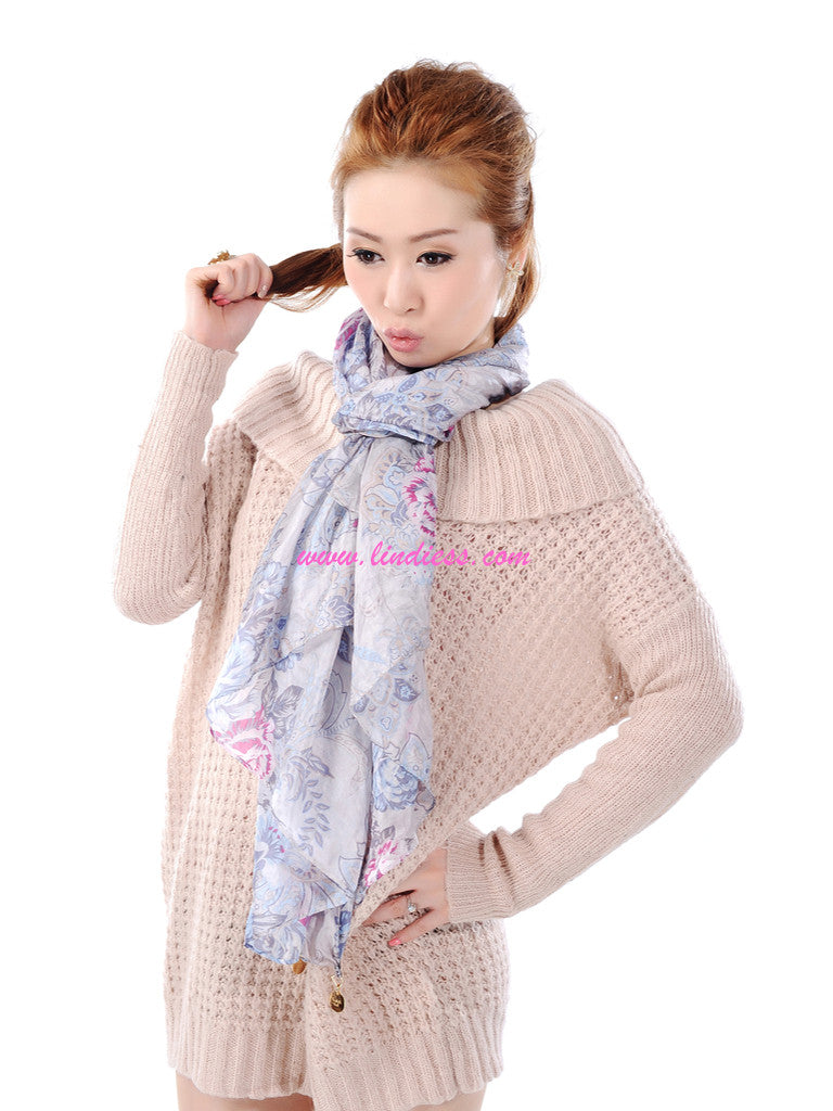 SILK FLOWERS SCARF - BABY BLUE